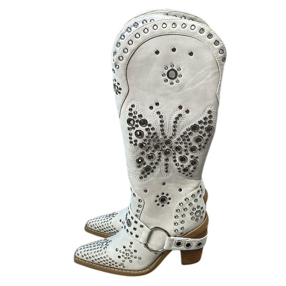 Dolls Kill Shoes - New Dolls Kill Current Mood White Studded Butterfly Cowboy Boots Festival Sz 6